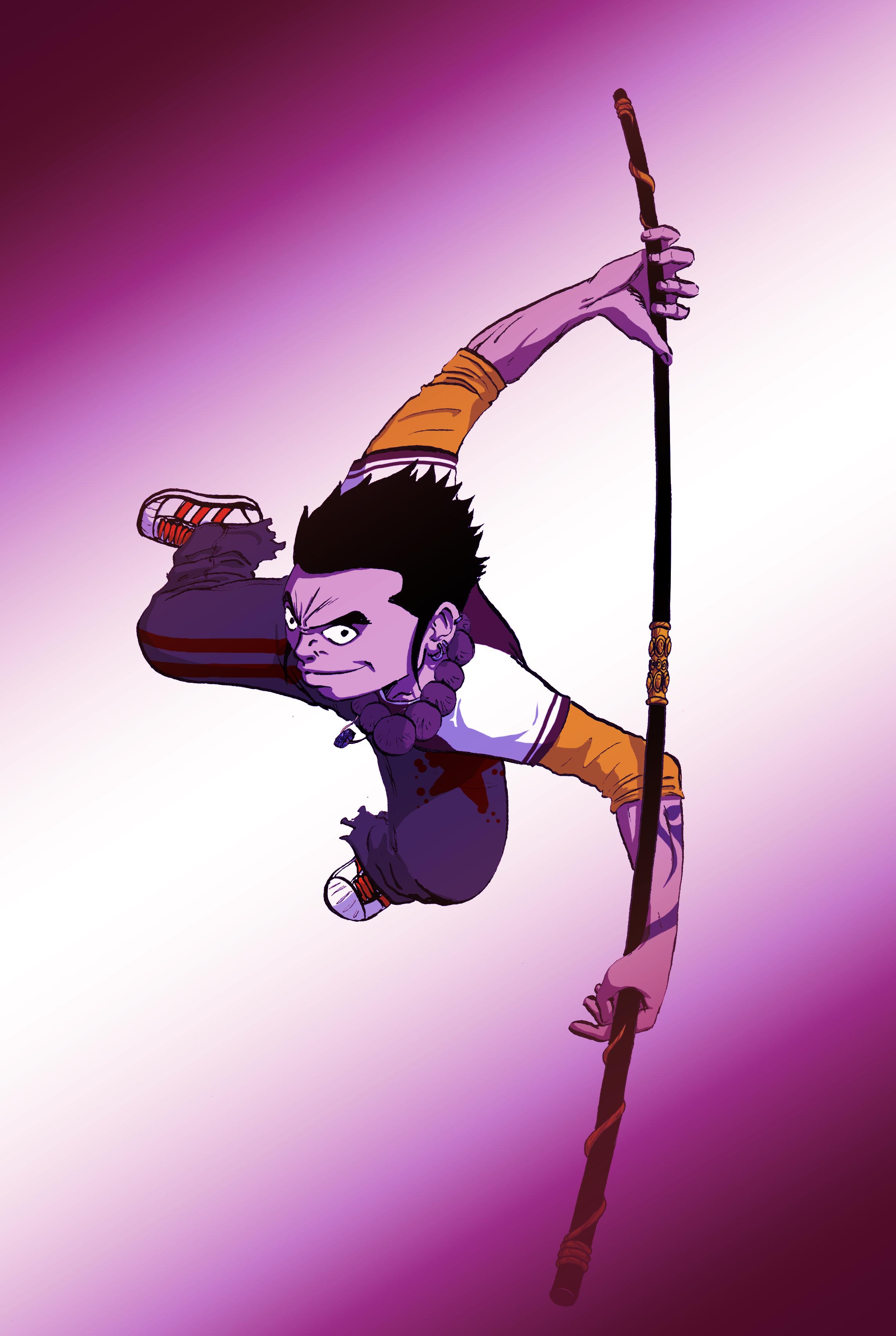 personnage suspendu en l'air avec un baton